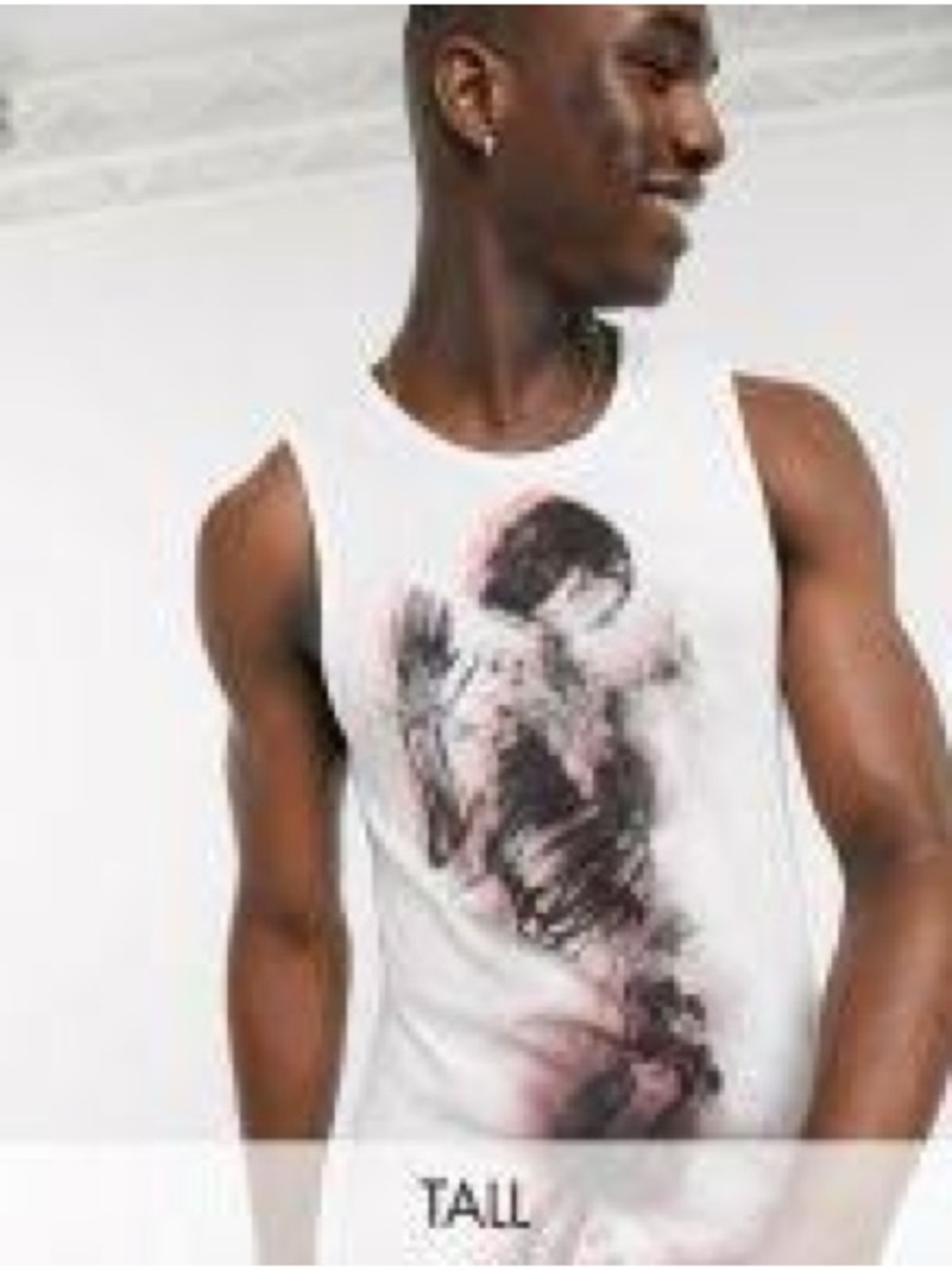 Tall Men's White Graphic Tank with Pink-Gray Art Print